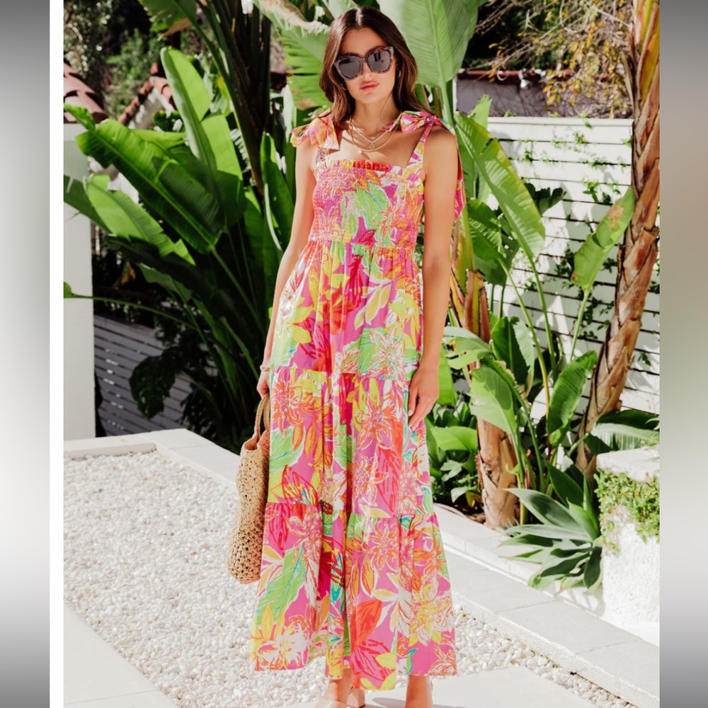 VICI tropical shoulder tie maxi dress with smocked top